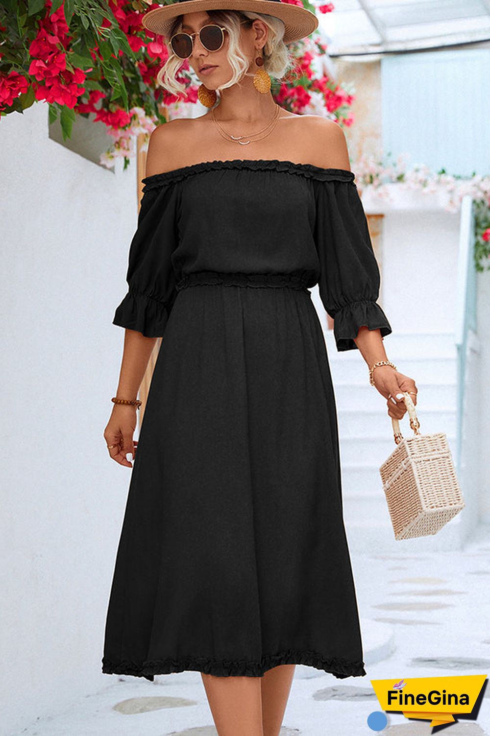 Solid Color Off The Shoulder Frill Casual Dress