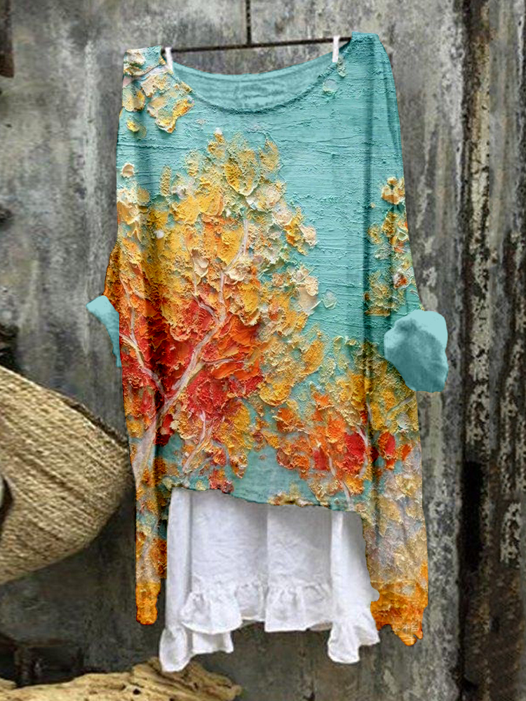 Comstylish Oil Painting Trees Art Linen Blend Flowy Tunic