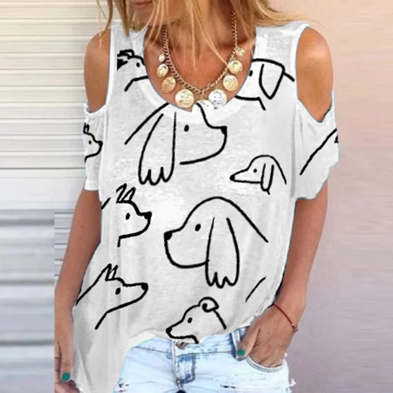 Puppy Print Short-Sleeve Off-The-Shoulder T-Shirt