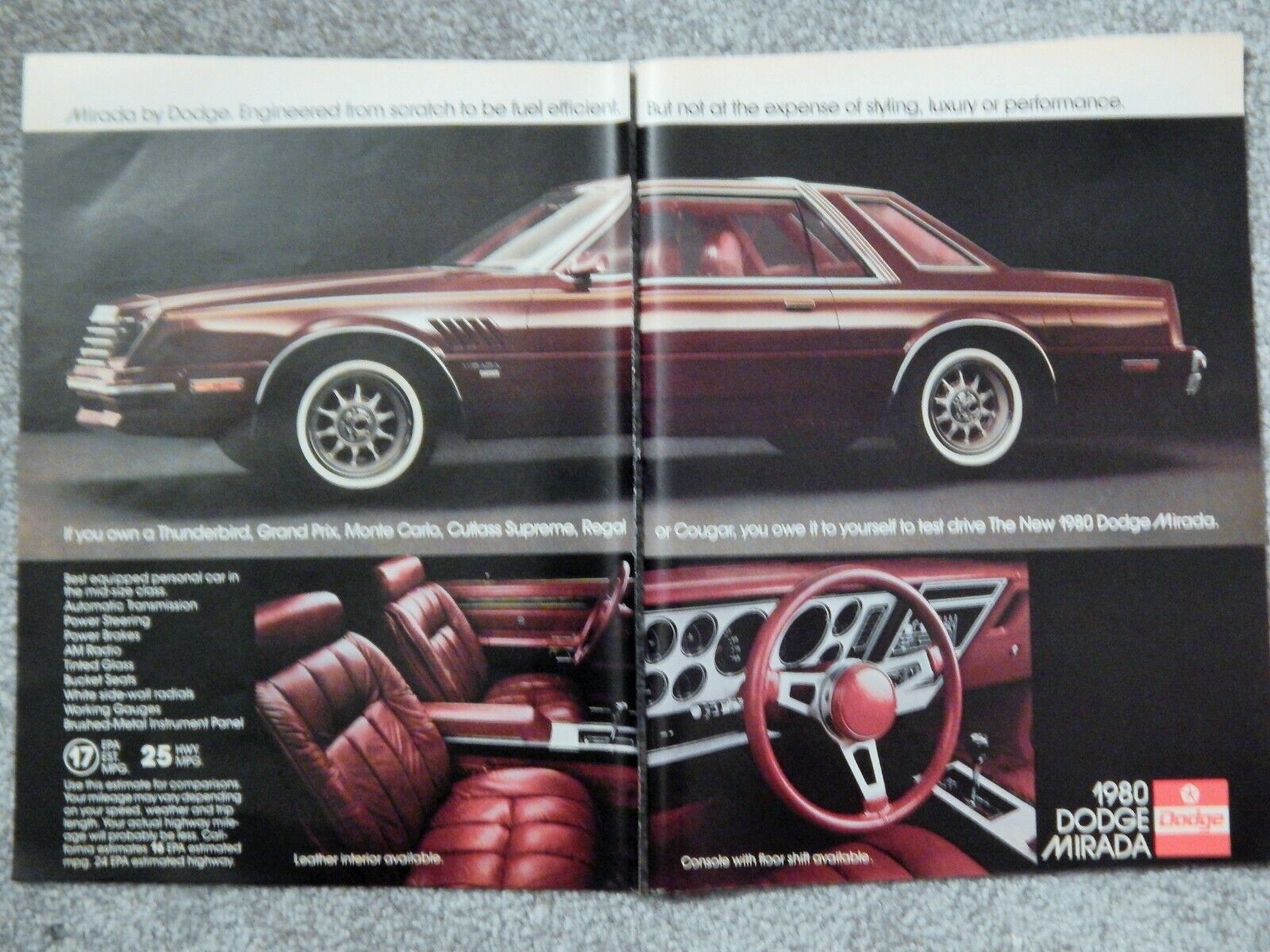 DODGE MIRADA SEDAN / MYERS'S RUM / EAGLE RARE BOURBON ORIG. VTG 1979 Photo Poster painting AD,