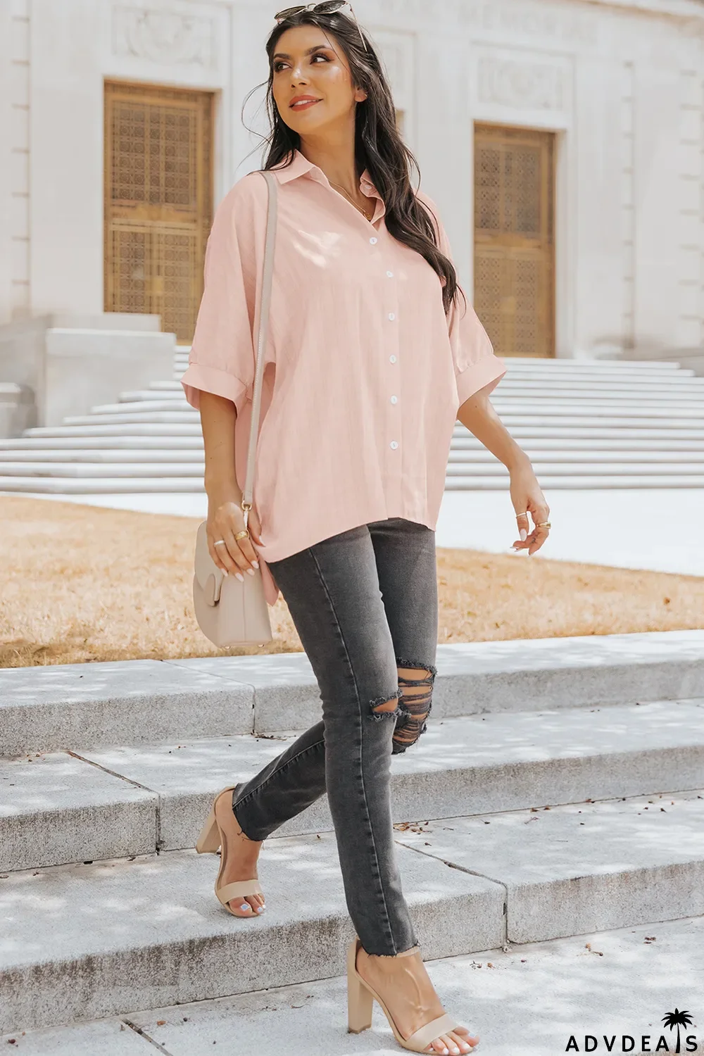 Pink Button Front Dolman Sleeves Shirt