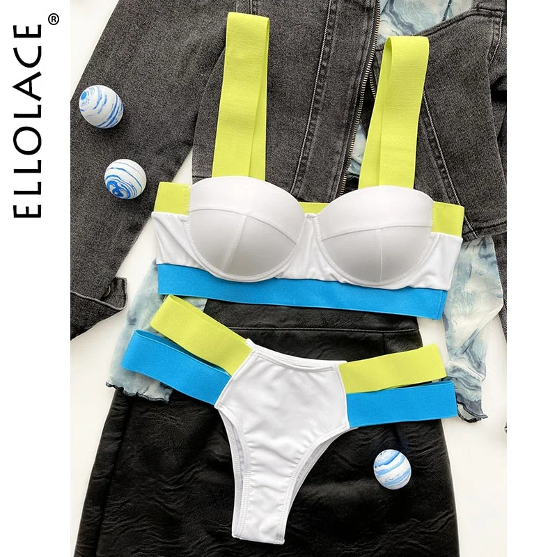 Ellolace Women's Swimsuits Sexy Swimwear Patchwork Bikini 2020 Woman Push up Biquini Neon Bikinis Swimsuit Bathing Suits 2021