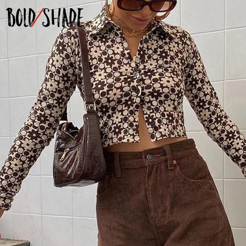 Bold Shade Retro 90s Grunge Style Crop Blouse Floral Print Long Sleeve Button Breasted Slim Shirts Women Indie Aesthetic Blouses