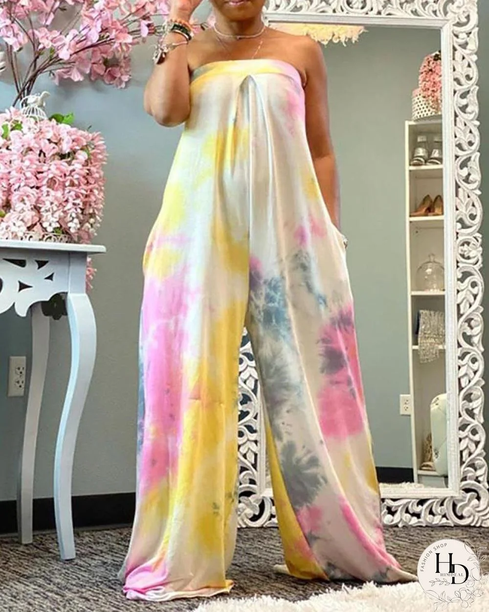 Tie Dye Print Bandeau Ruched Jumpsuit