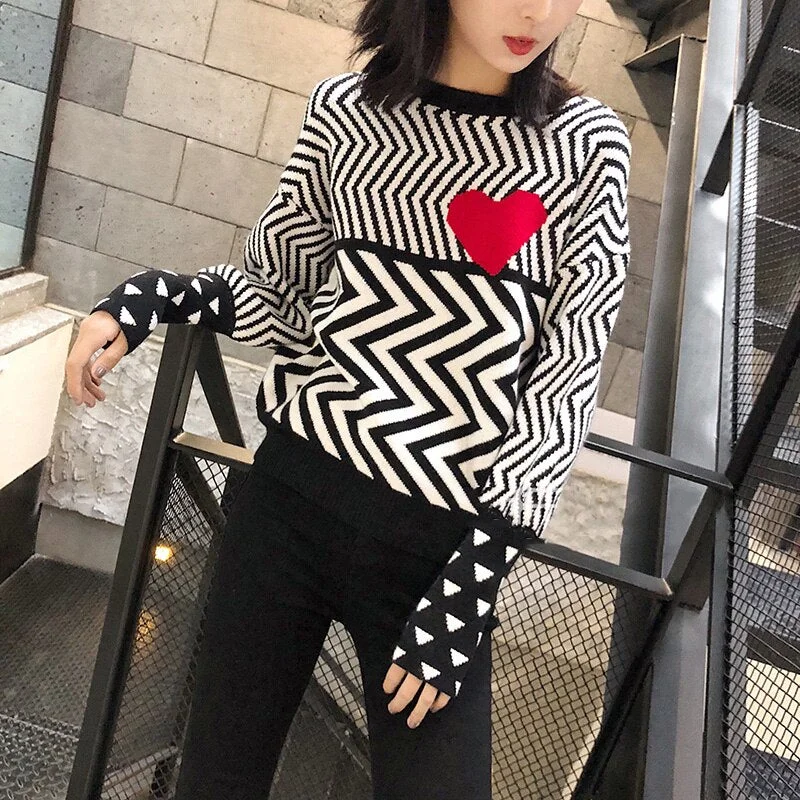 Fashion knitted Women Sweaters Geometric Lovely Pattern Long Sleeve Female Pullovers 2021 Autumn Winter Loose Sweaters Tops