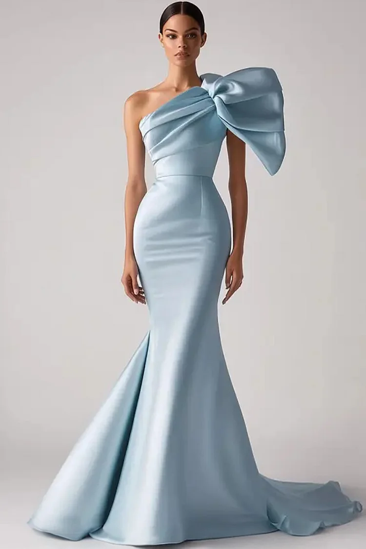 Pleated Patchwork One Shoulder Fishtail Maxi Dress-Haze Blue [Custom-Made]