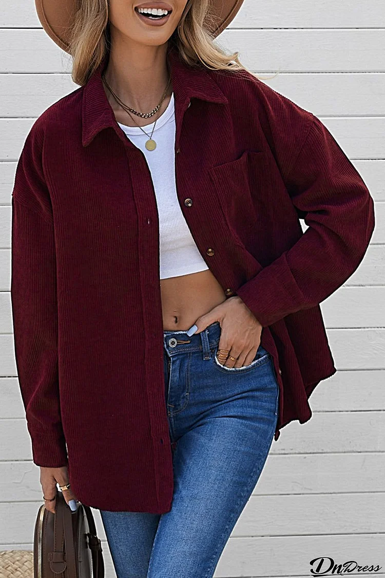 Women's Wine Red Corduroy Button Pocket Shirt