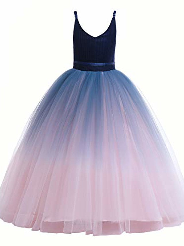 Oknass Ombre Spaghetti-Strap V Neck A Line Flower Girl Dress Tulle with Lace
