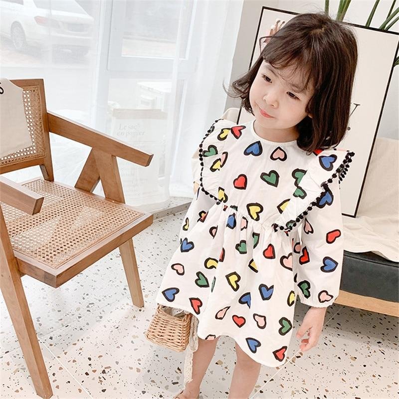 1-7T Toddler Kid Baby Girl Clothes Ruffle Heart Print Dress Elegant Cute Sweet Dress High waist Loose Spring Lovely Outfit