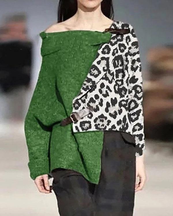 Leopard Printed Long Sleeve Irregular Sweater - Chicaggo