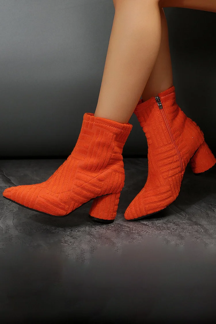 Daily Textured Pointy Toe Side Zipper Chunky Heel Ankle Boots 2024 - Xpluswear