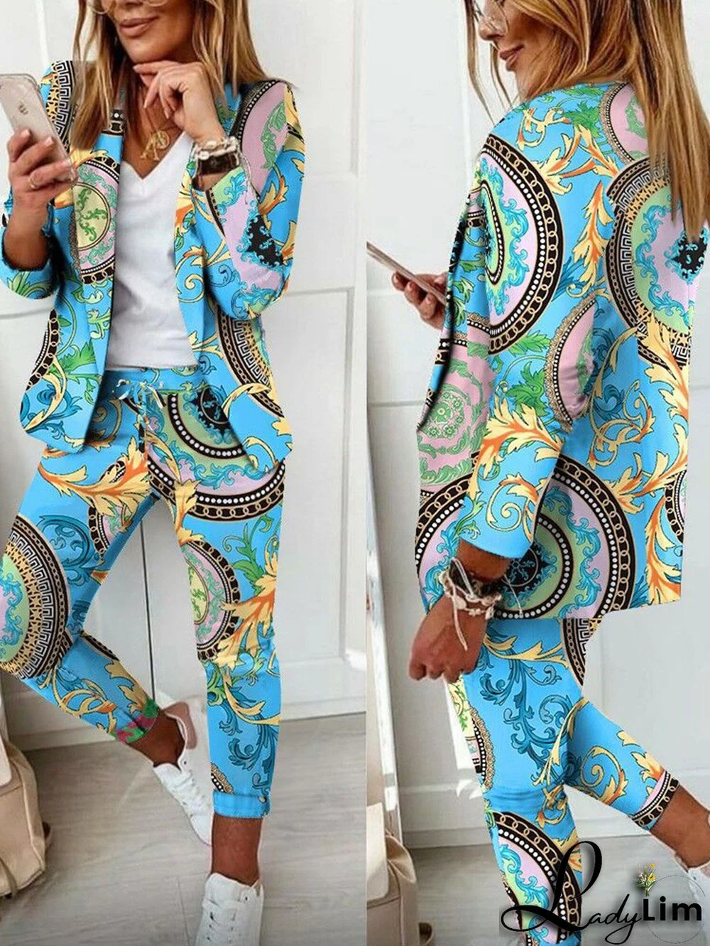 Casual Colorblock Allover Pattern Blazer & Pants 2 Pcs Set