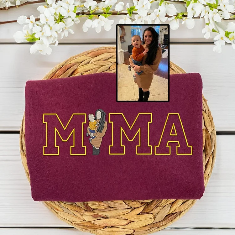 Custom Embroidered Sweatshirt Hoodie Mama and Kids Portrait with Photo - Mother's Day Gifts
