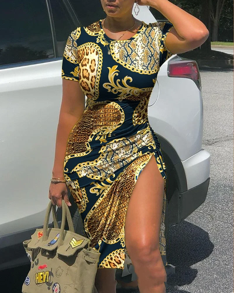 Summer Drawstring Dress Women Fashion Print V-neck Short-sleeved Drawstring Tight Tshirt Dress Women