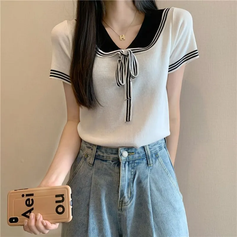 Uveng Uveng Style Doll Collar T-Shirt For Women's Summer New Sweet Spicy Head Short-Shoeed Sexy Ins Short-Sleeved Top