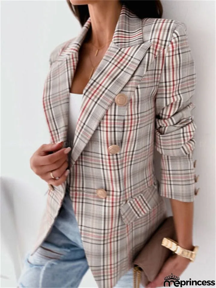 New Office Lady Elegant Turn-Down Collar Plaid Long Sleeve Coats