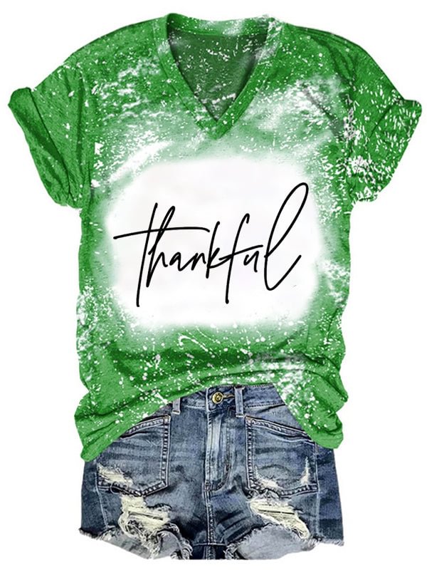 Short Sleeve V Neck Gradient Thankful Letter Printed T-shirt