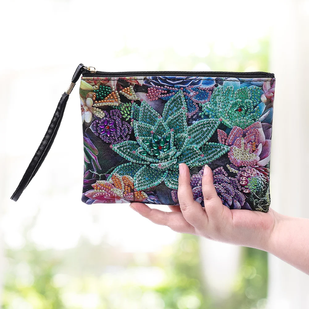 DIY Cactus Diamond Art Cosmetic Bag Flowers Single Sided PU Women Clutch