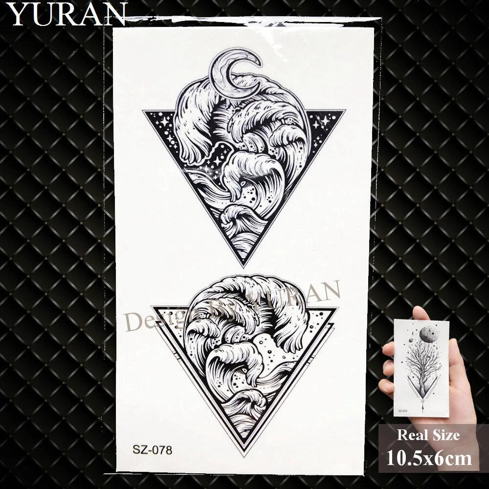 YURAN Black Mountain River Geometric Tattoo Stickers Women Body Arm Moon Temporary Tattoo Men Ankle Wolf Round Fake Tatoo 3D