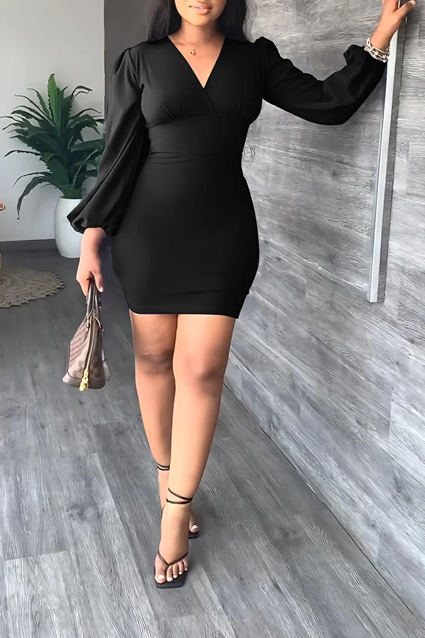 Elegant V Neck Lantern Sleeve Dress
