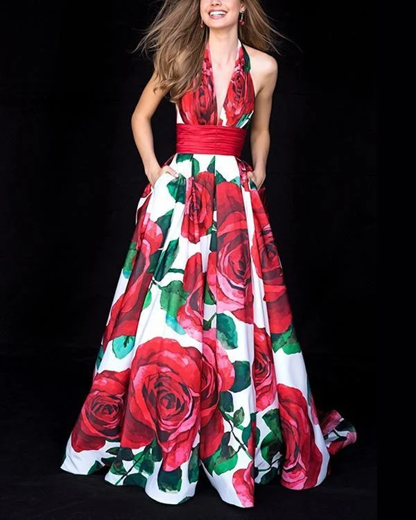 Vintage Maxi Dresses Printed  V Neck Elegant  Dresses