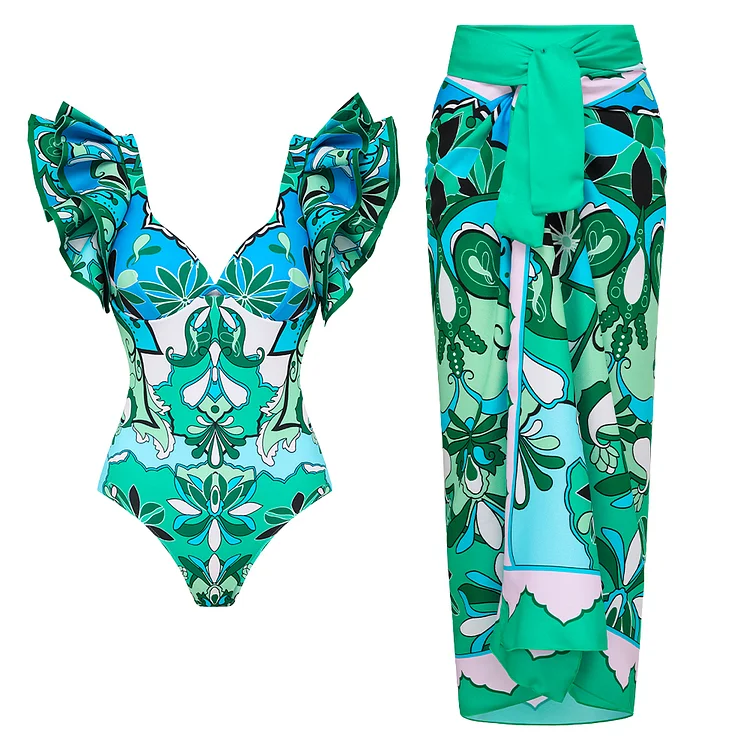 Ruffle Sleeves Blue and Green Pattern One Piece Swimsuit and Sarong 