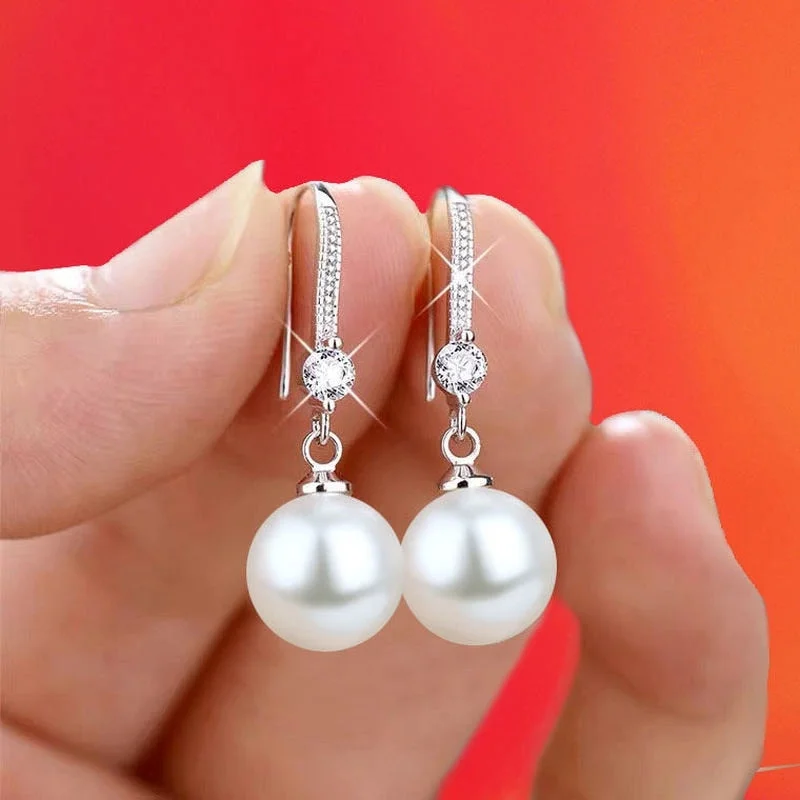 Trendy Silver Color Round White Imitation Pearls Drop Earrings for Women Exquisite Inlaid White Zircon Dangle Earrings Jewelry