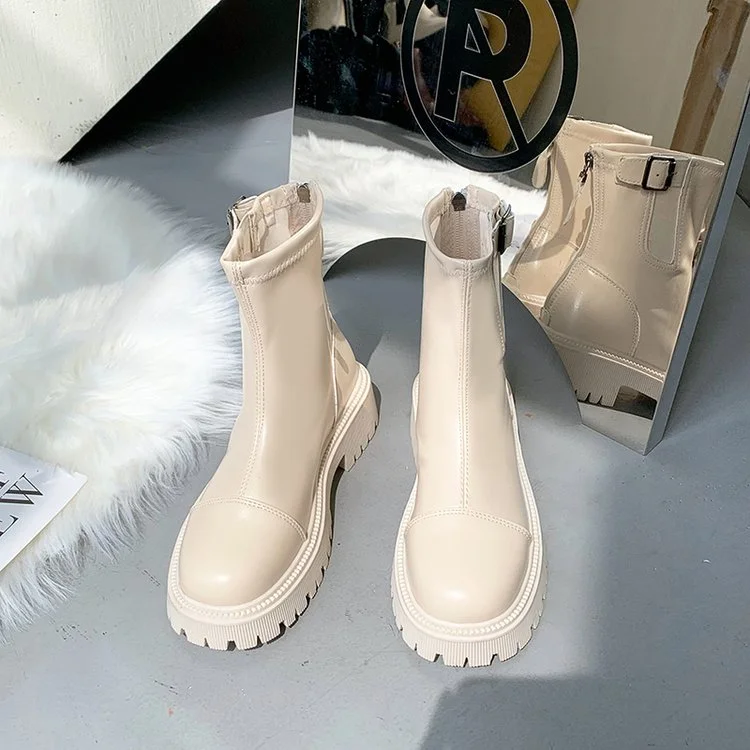 Chelsea Boots Chunky Boots Women Winter Shoes PU Leather Plush Ankle Boots Black Female Autumn Fashion Platform Booties