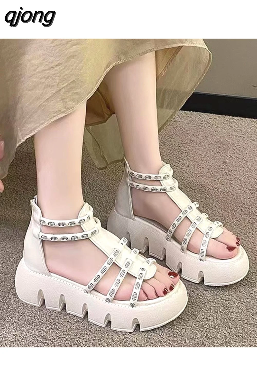 qjong Fashion Rivet Sandals Women Summer New Low-heel Roman-style Flat Womens Shoes Heels Women Open Toe Platform Sandals