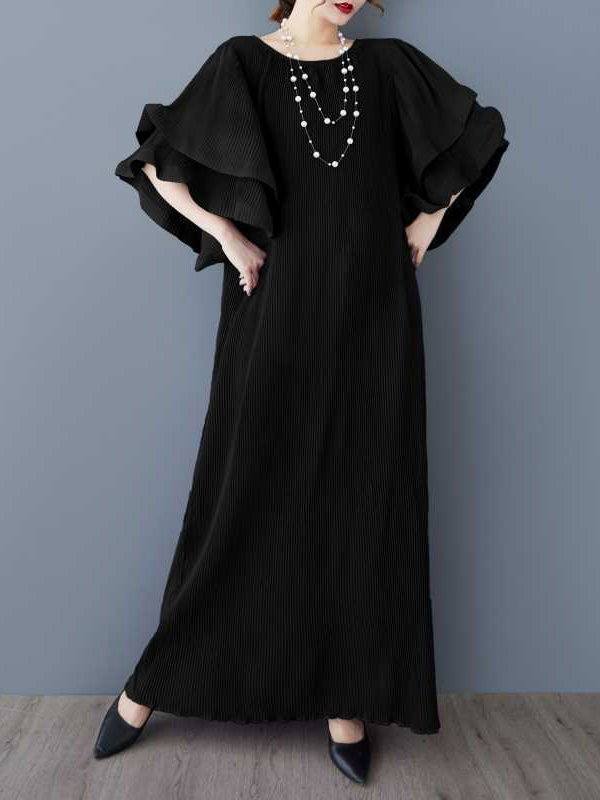 Loose Pleated Round Neck Ruffled Sleeve Maxi Dress