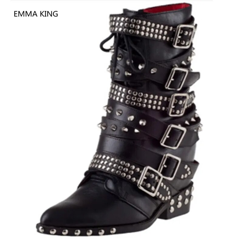 VCSHOES Black Rivets Women Punk Ankle Boots Pointed Toe Buckle Strap Comfortable Low Heels Gothic Shoes Woman Motorcycle Boots