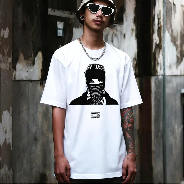 Hip Hop Masked Rapper Parental Advisory Printed Men's T-shirt