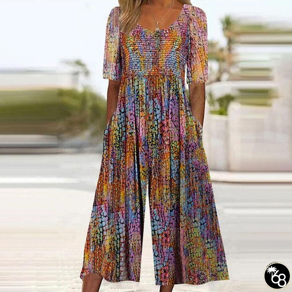 Purple Print Short Sleeve Side Pocket Jumpsuit | 168DEAL