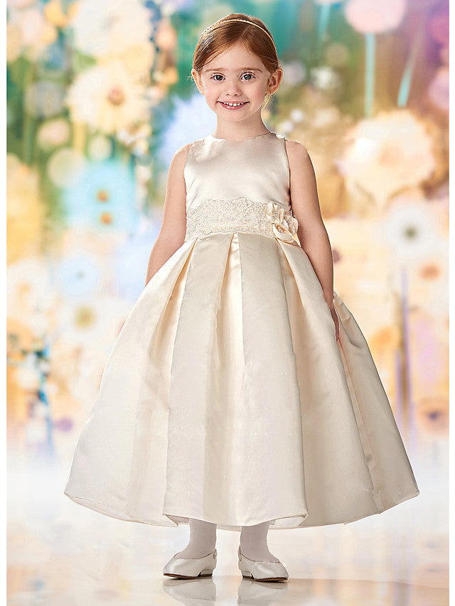 Oknass Cap Sleeve Jewel Neck A-Line Flower Girl Dress Lace Satin With Buttons 