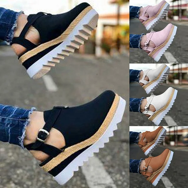 Summer Womens Sweet High Heel Wedge Platform Sandals Metal Button Shoes