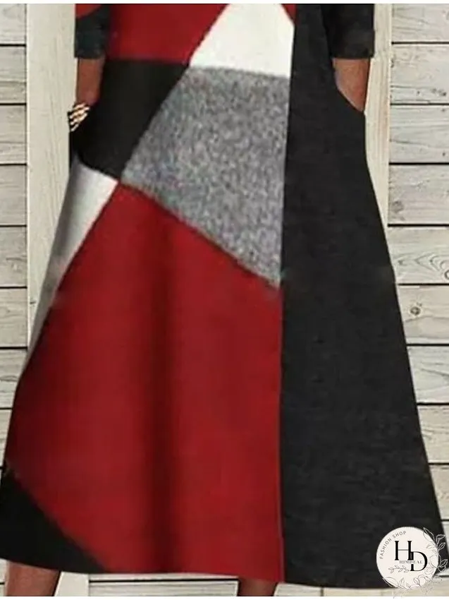 Casual Dress Shift Dress Midi Dress Red 3/4 Length Sleeve Color Block Patchwork Spring Fall Cowl Neck Fashion S M L XL XXL 3XL for Women