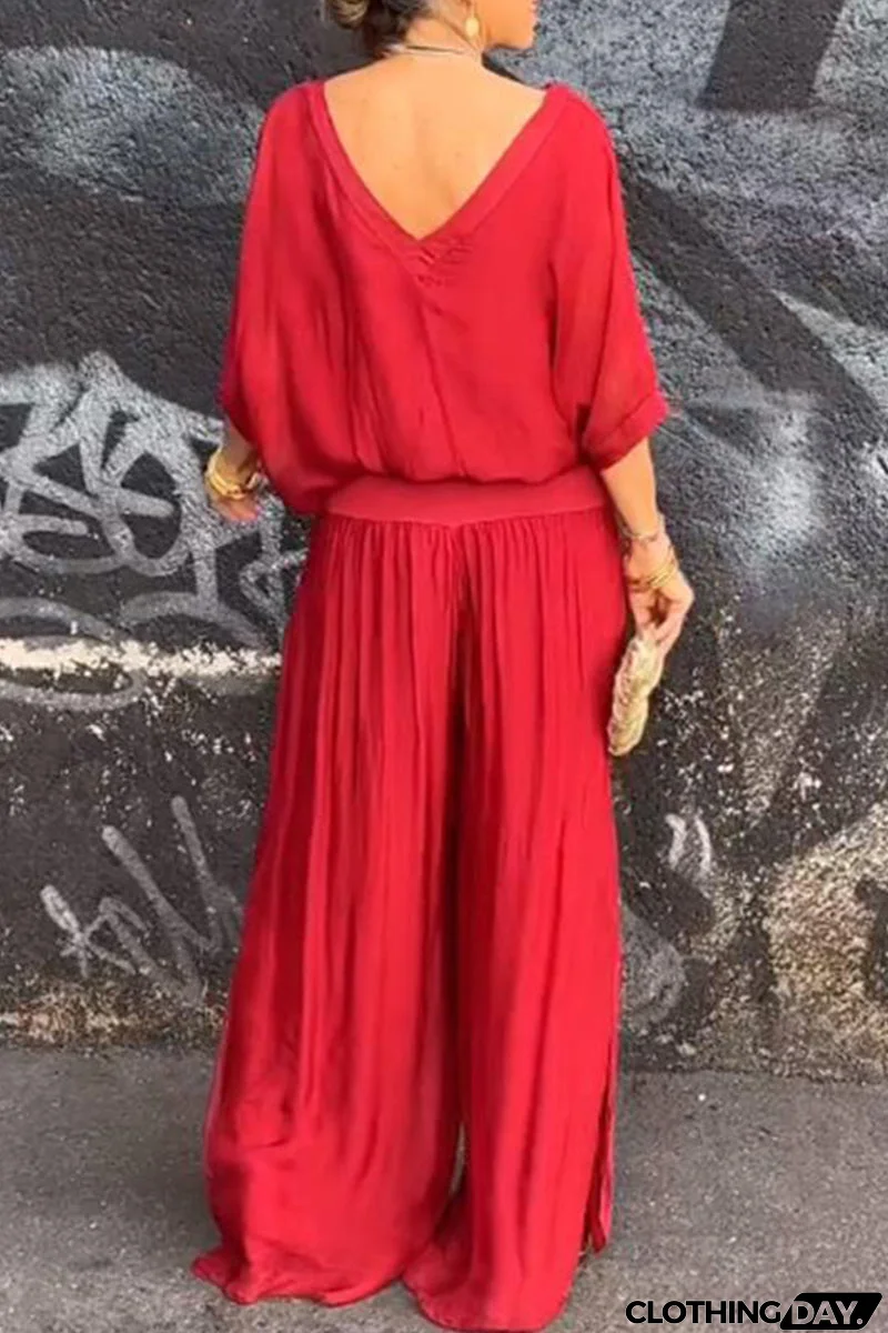 Elegant Solid Patchwork V Neck Half Sleeve Two Pieces