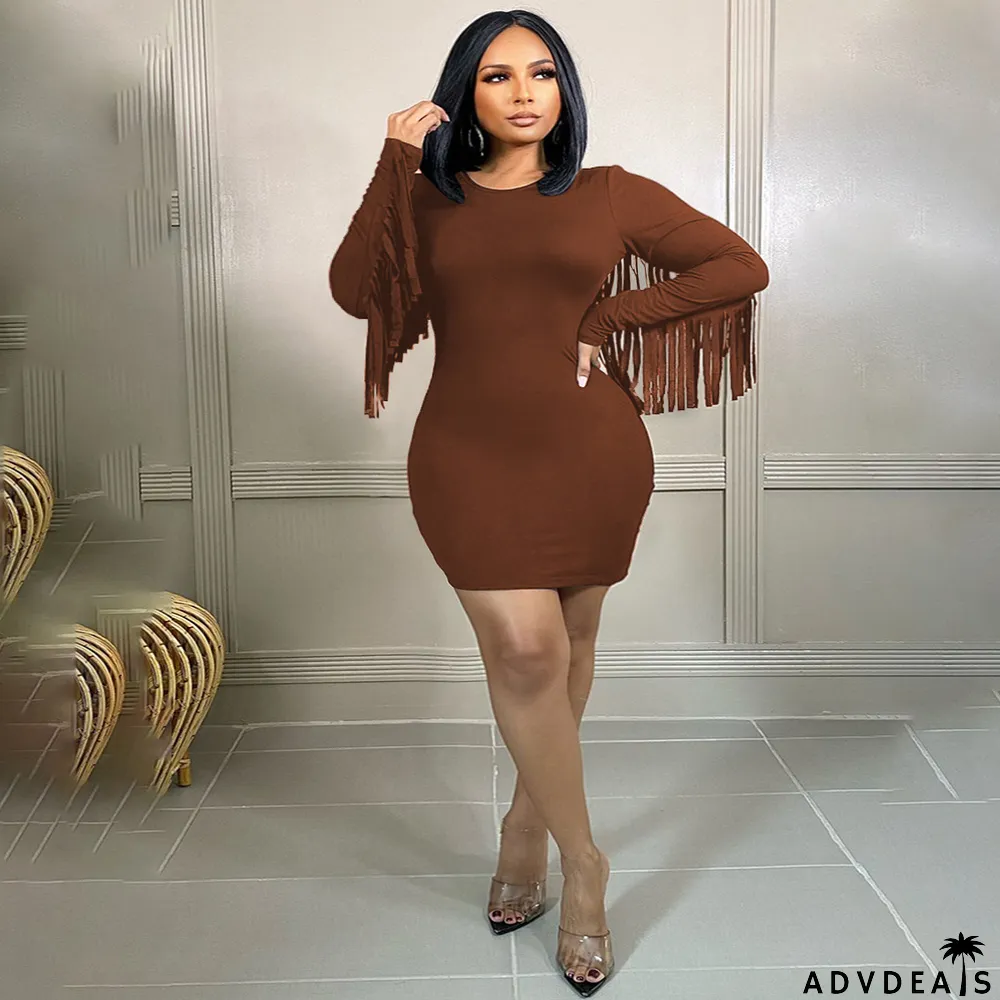 Plus Size Solid Tassel Long Sleeve Mini Dress