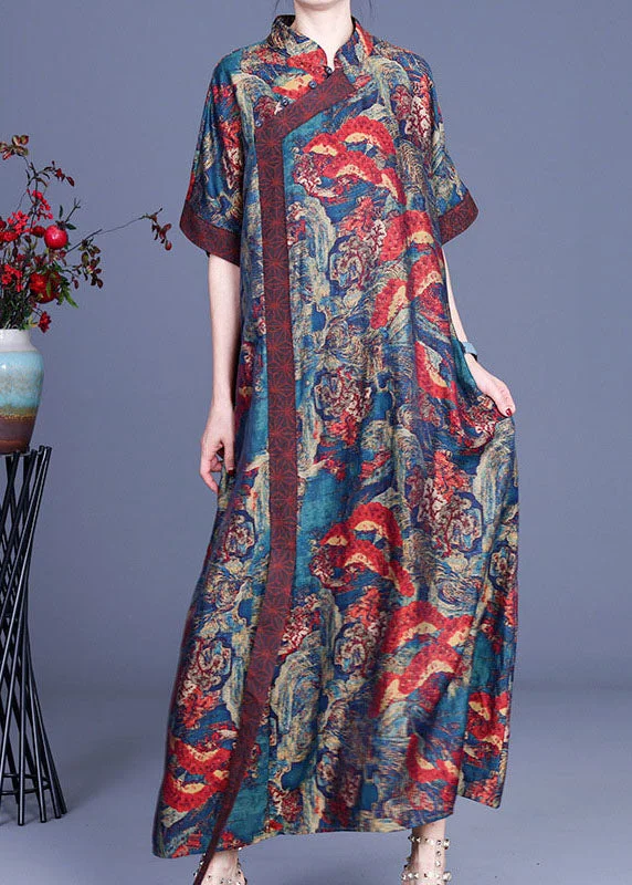Bohemian Blue Print Silk Robe Dresses