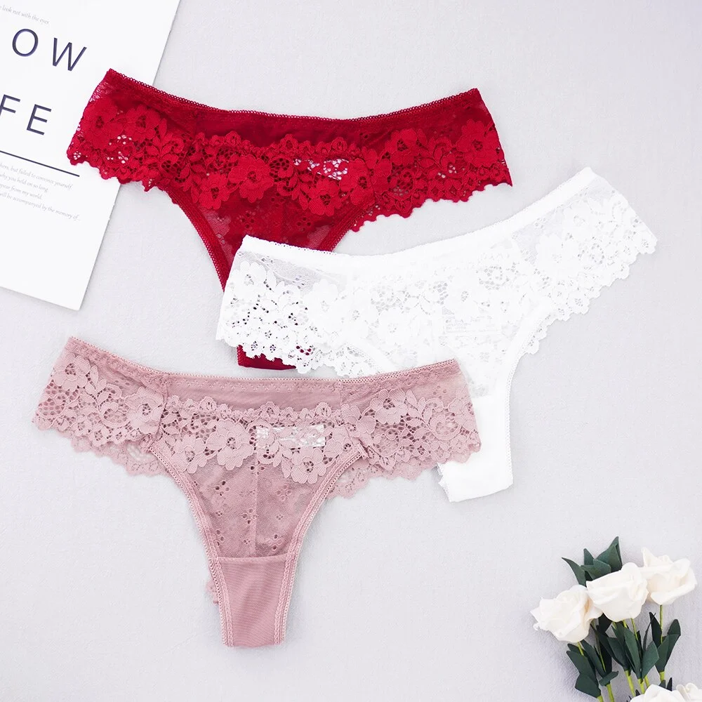 Billionm Sexy Lace Thong Low Waist Lace Transparent Panties Women Hollow out Breathable G String Briefs Bow Underwear Lingerie