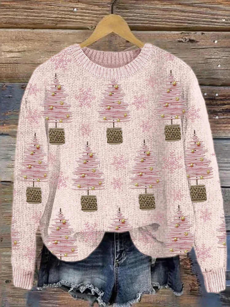 Pink Christmas Tree & Snowflakes Embroidery Pattern Cozy Sweater