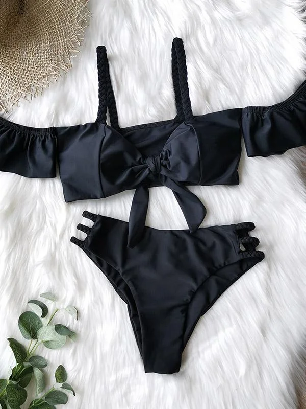 Off-The-Shoulder Falbala Knotted Split Bikini Swimsuit