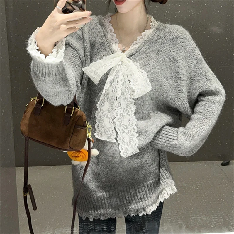 Churchf Churchf Type Advanced Feeling Catch Spell Lace Bow False Two Knit Sweater Female Autumn Dong New Style Languid Lazy Wind Bottom Sweater