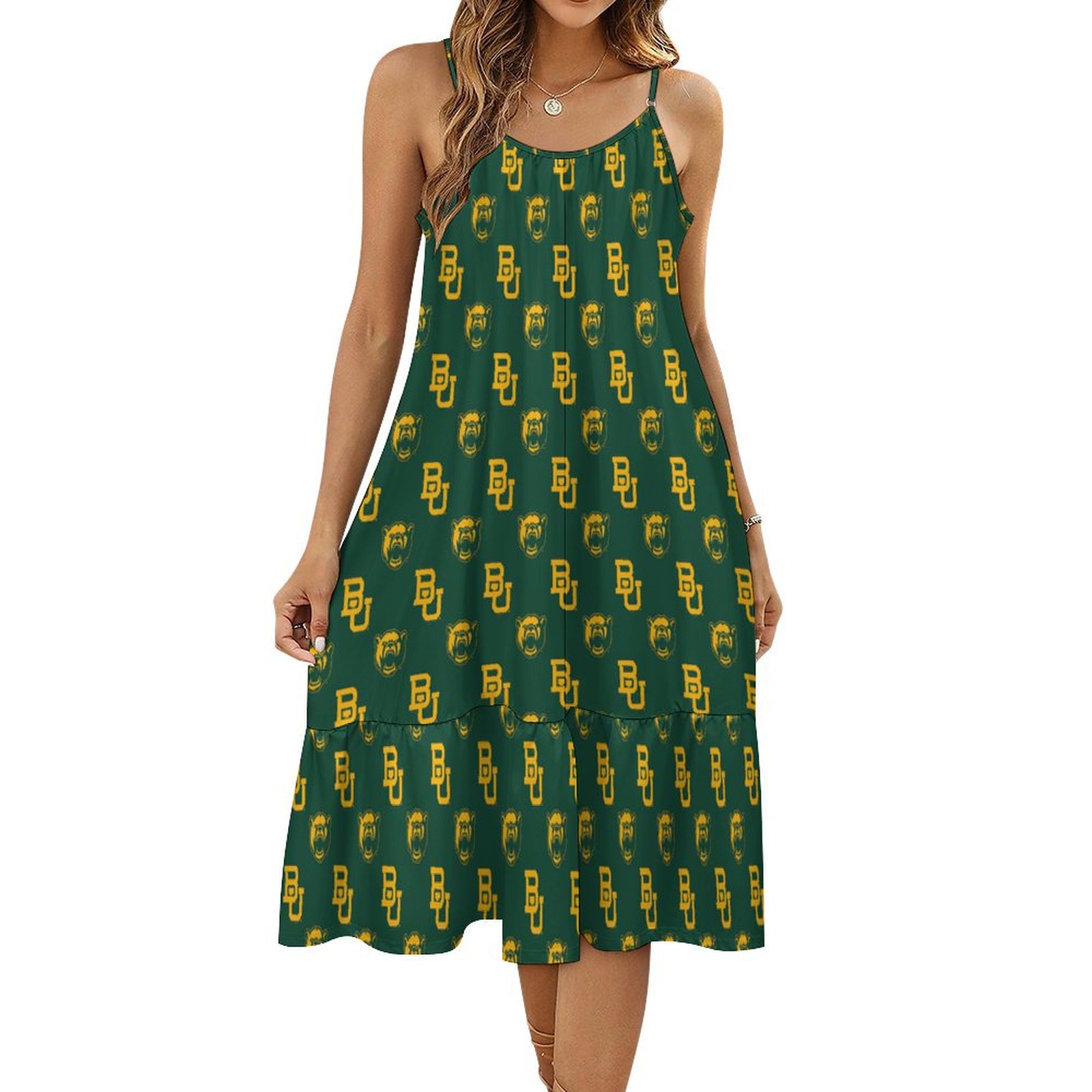 Baylor University Green Boho Sleeveless Dress Women's Loose Flowy Ruffle Midi Dresses
