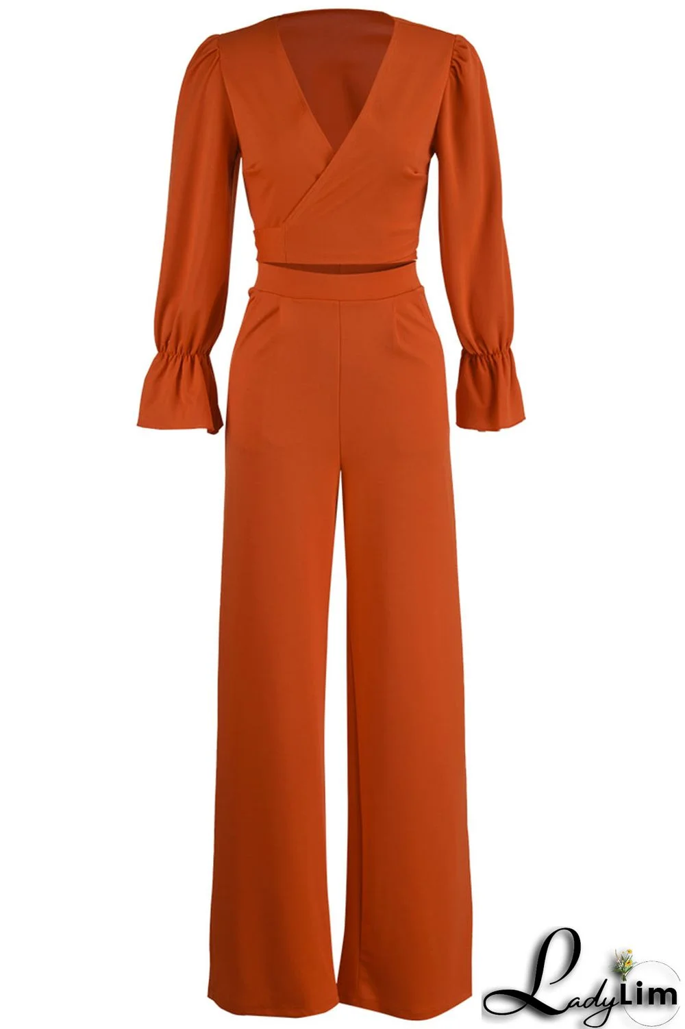 Tangerine Casual Solid Patchwork V Neck Long Sleeve Two Pieces