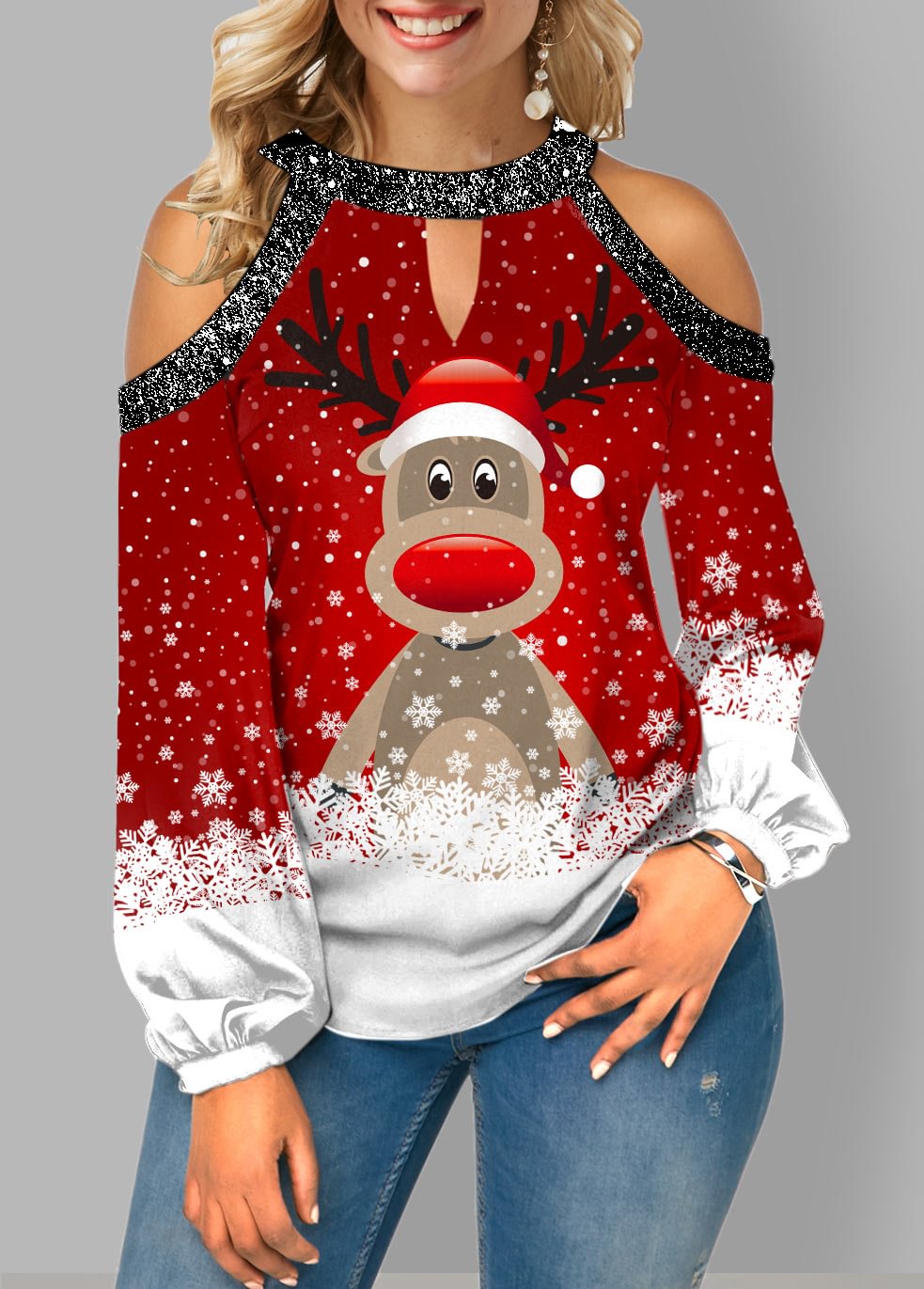 Christmas Print Cold Shoulder Sequin Contrast Blouse