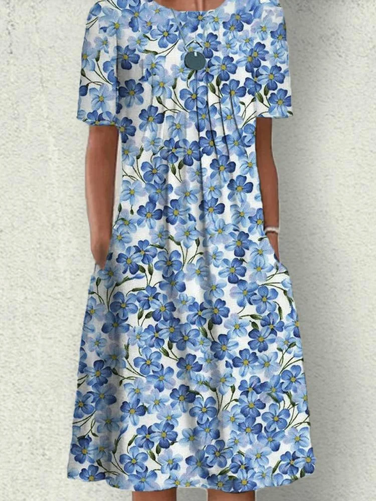 Women's Floral Printed Round Neck Short Sleeve Midi Dress