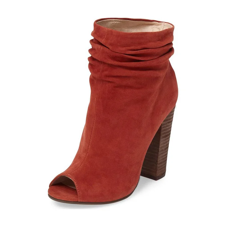 Brick Red Slouch Boots Peep Toe Vegan Suede Chunky Heels |FSJ Shoes