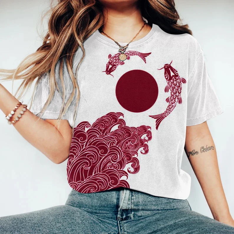 Women Japanese Art Fish Printed Round Neck T-Shirt