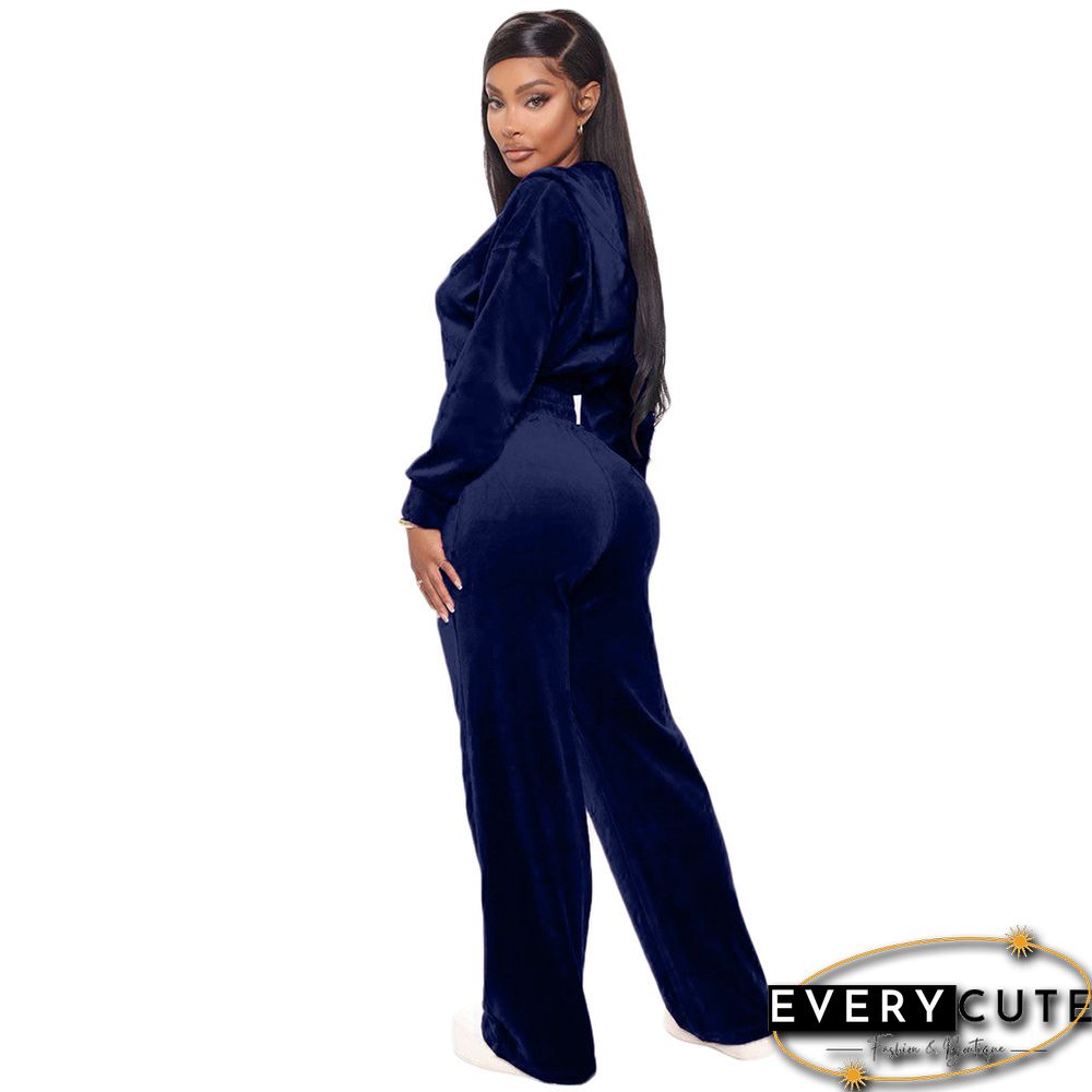 Navy Blue Korea Velvet Zipper Top with Pant Set